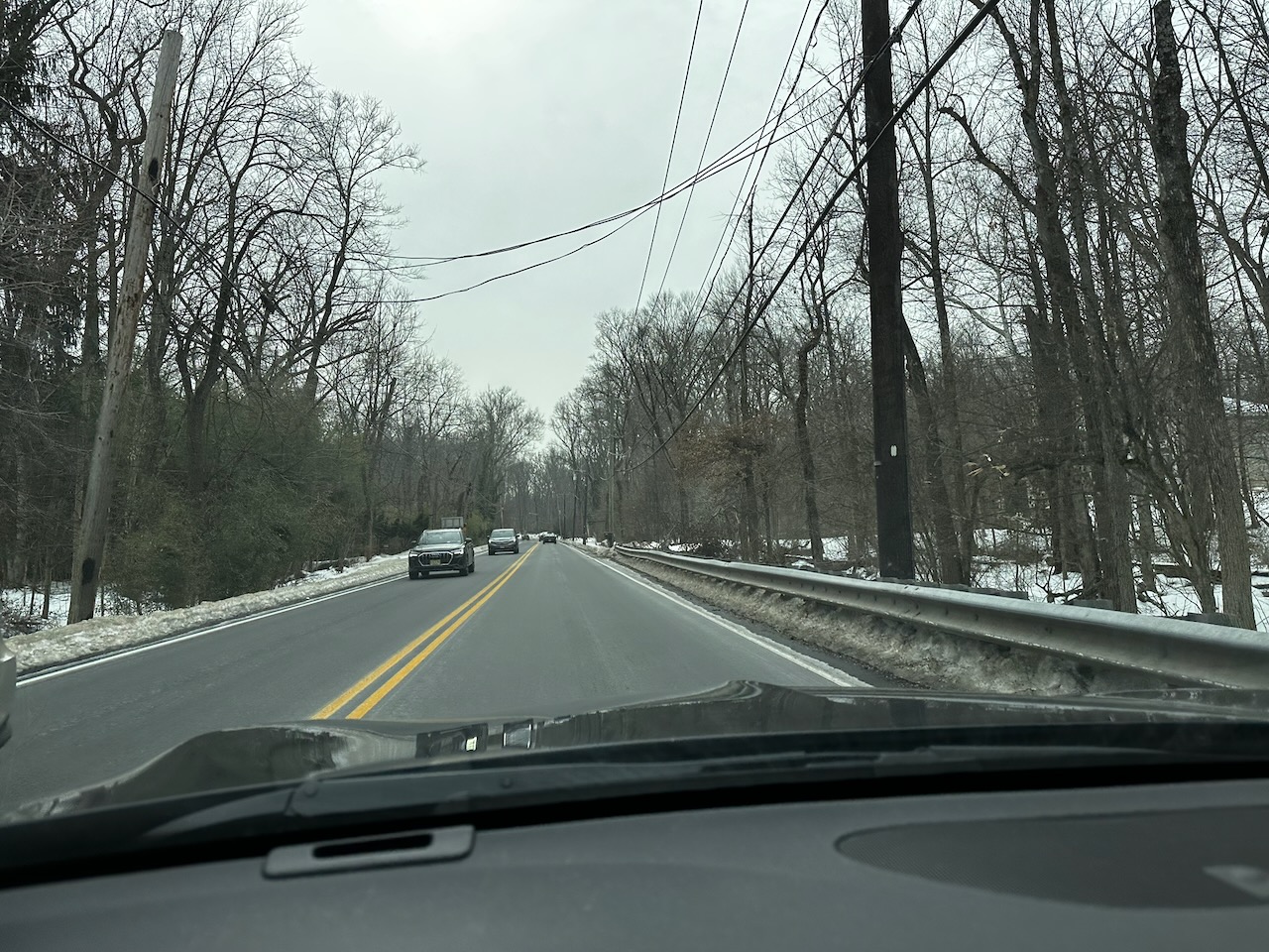 Two-lane road with trees on either side of road, under a gray sky.
