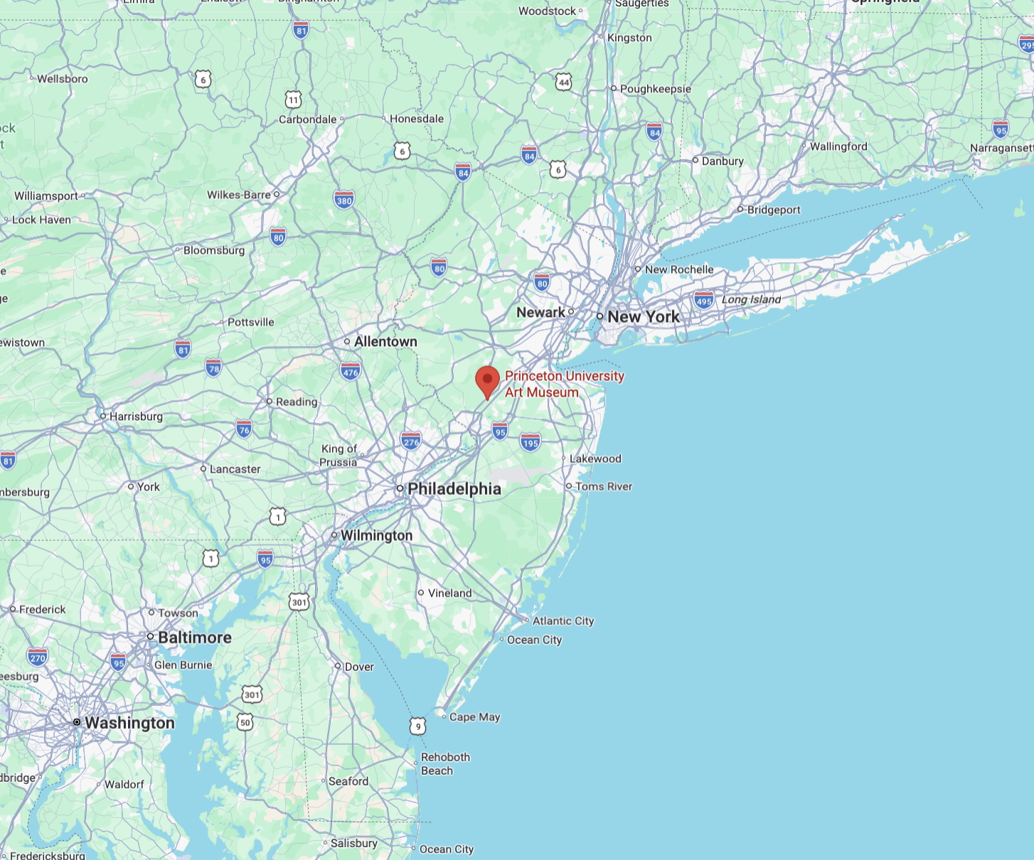 Map of New Jersey with red pin in location of Princeton University Art Museum.