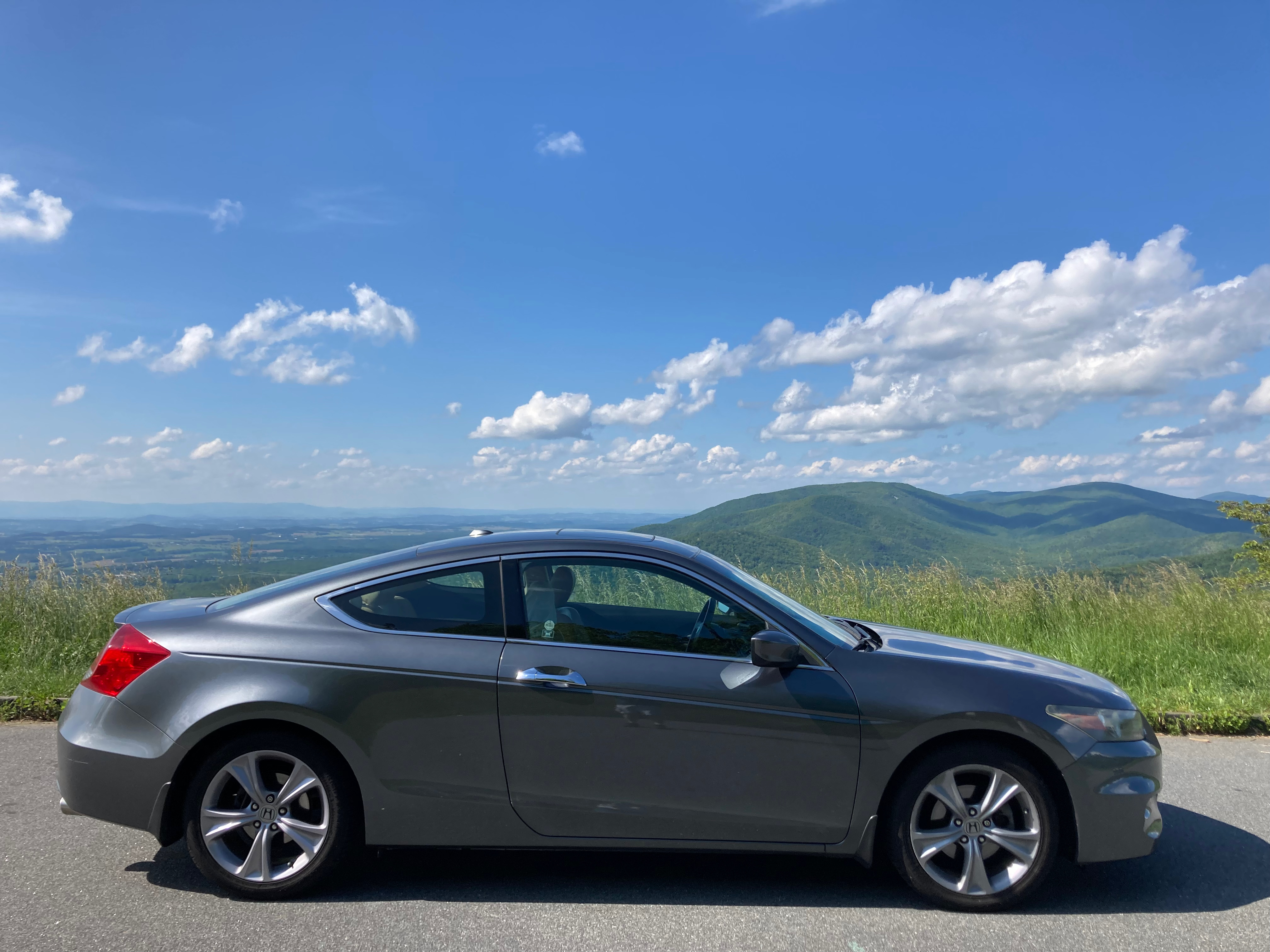 2012 Honda Accord coupe parked on Skyline Drive in Shenandoah National Park.