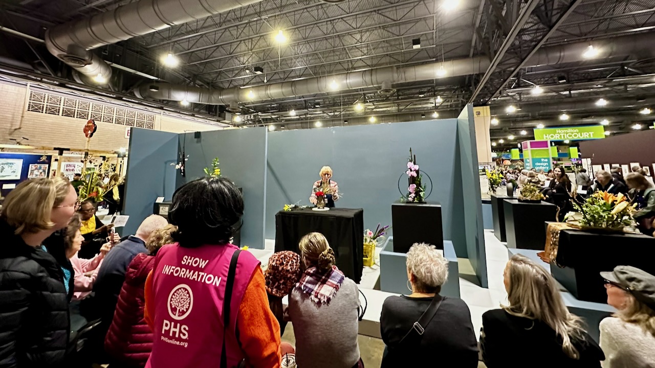 Flower arranging class, with woman at podium presenting to audience. 