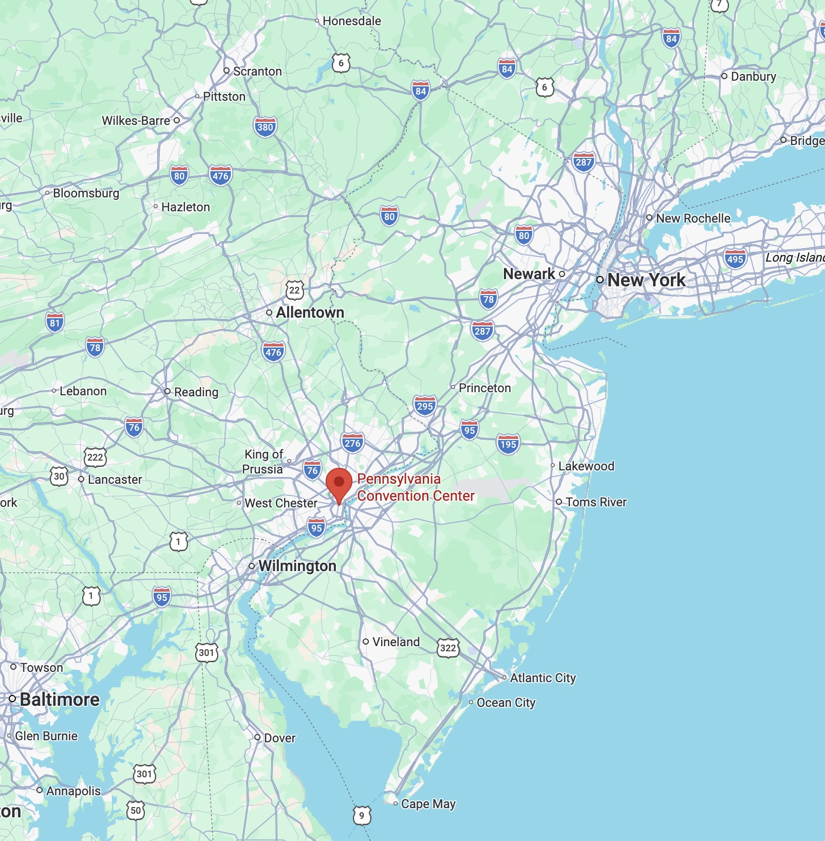 Map of New Jersey and Eastern PA, with red pin in location of Philadelphia.