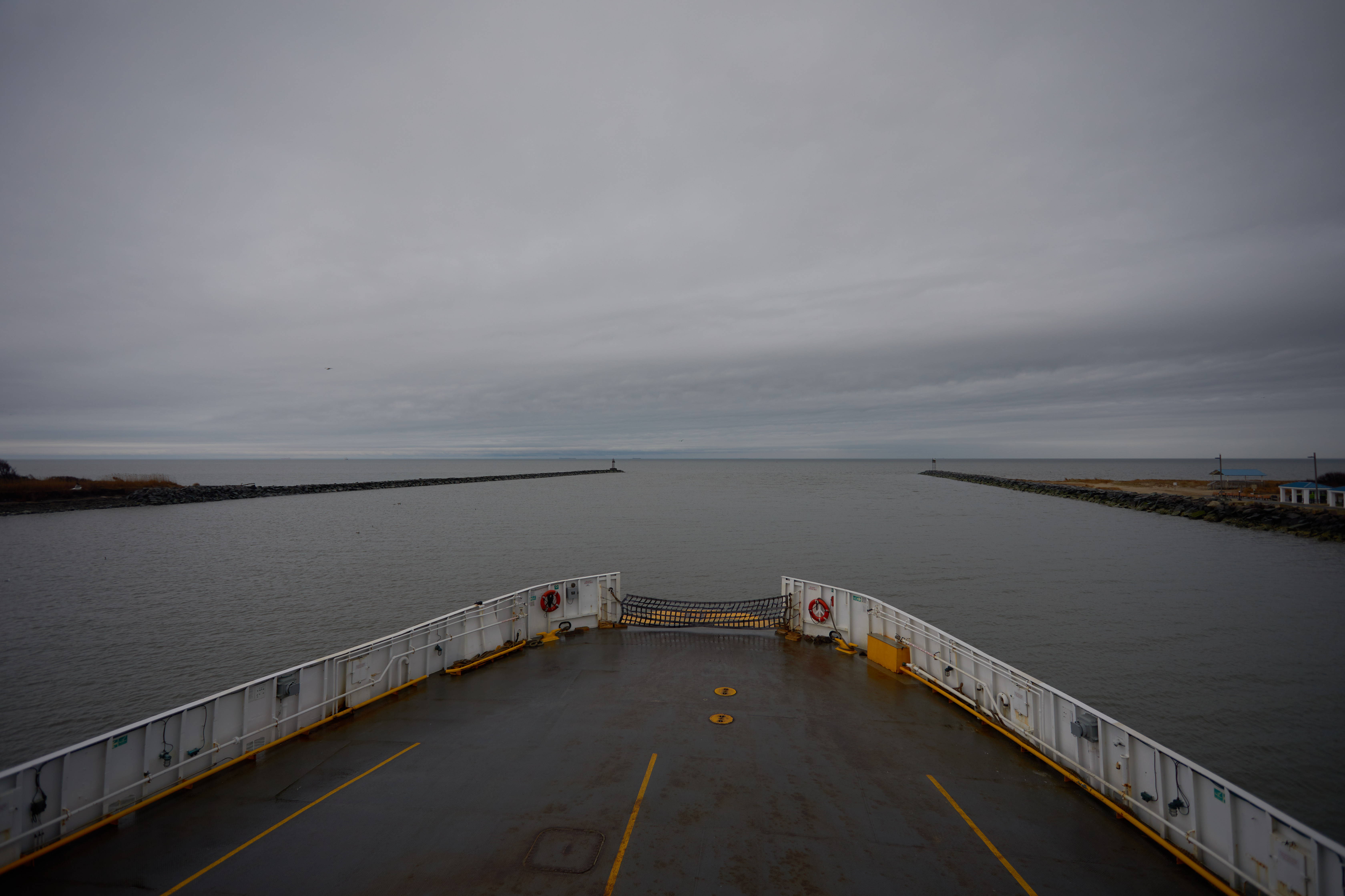 Bow of ferry with entrance to Delaware Bay in distance.
