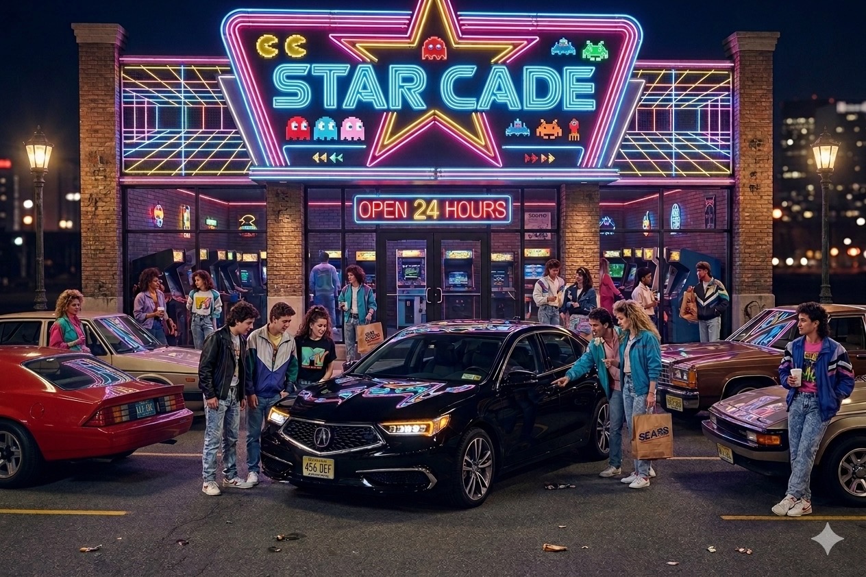 AI-generated image of 2020 Acura TLX parked in front of 1980s video game arcade, with people wearing 1980s attire surrounding the car.