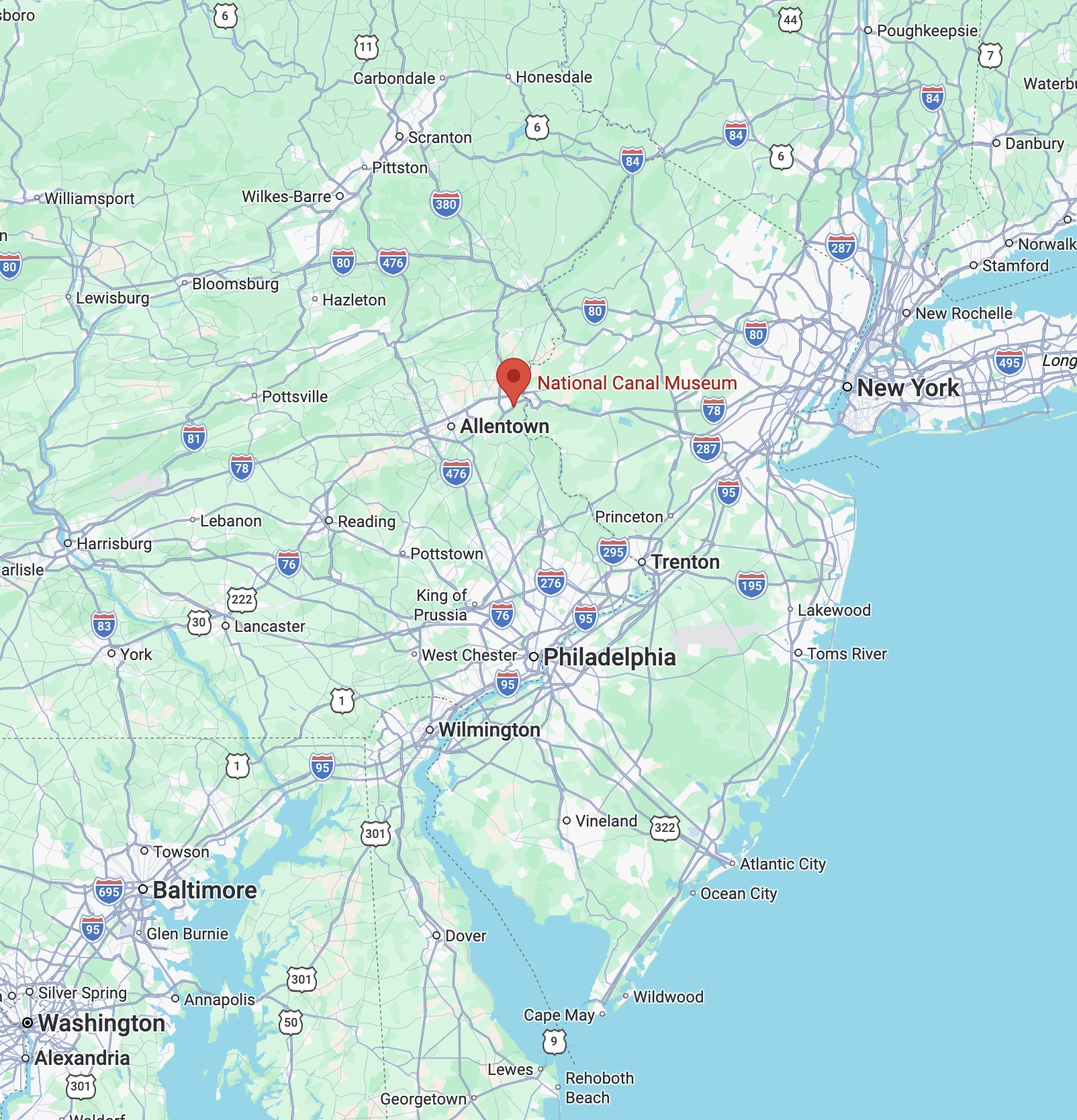 Map of eastern Pennsylvania and New Jersey with red pin in location of Easton, PA.