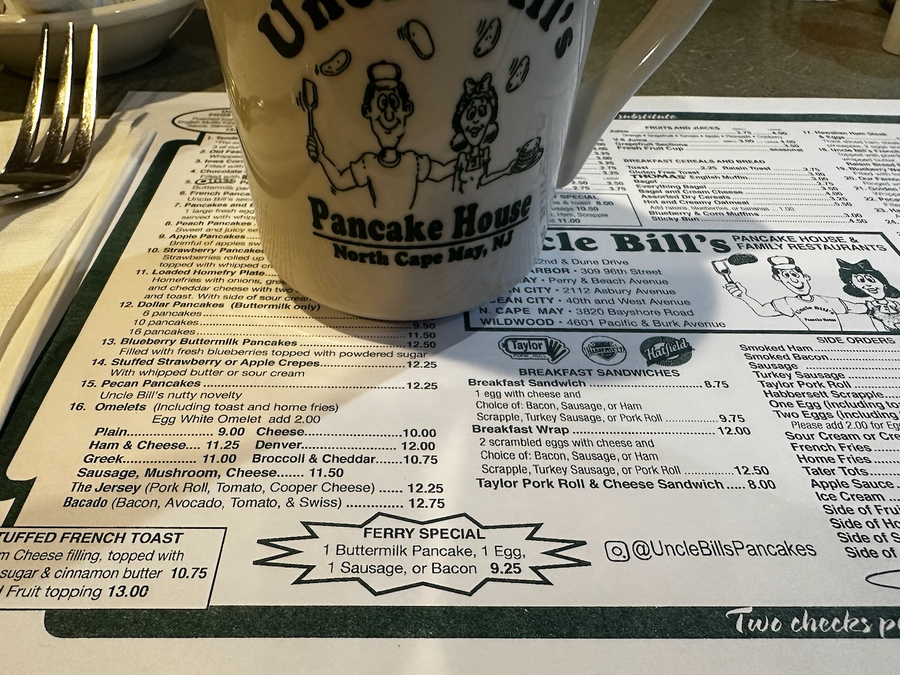 Coffee cup and placemat menu at Uncle Bill's Pancake House.
