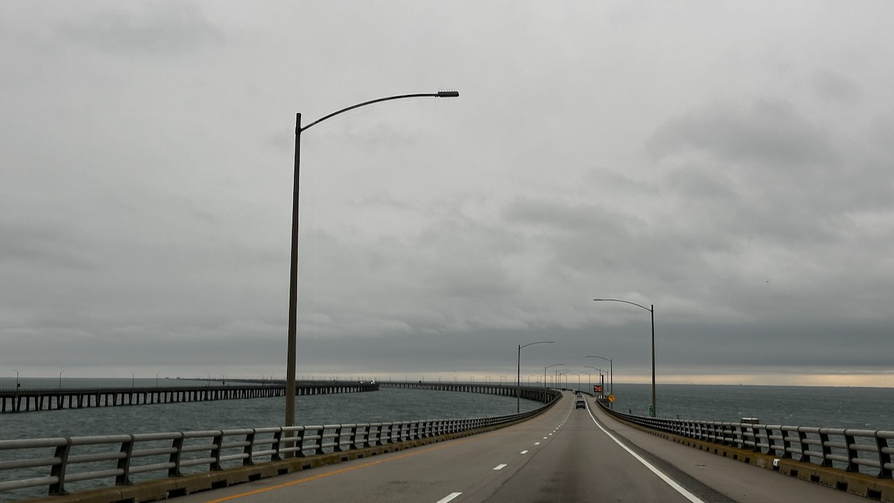 View of Chesapeake Bay Bridge and Tunnel on gray, overcast day.