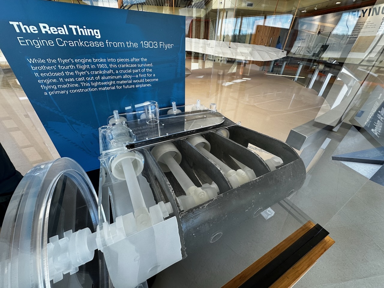 Display of crankcase of Wright Flyer engine.
