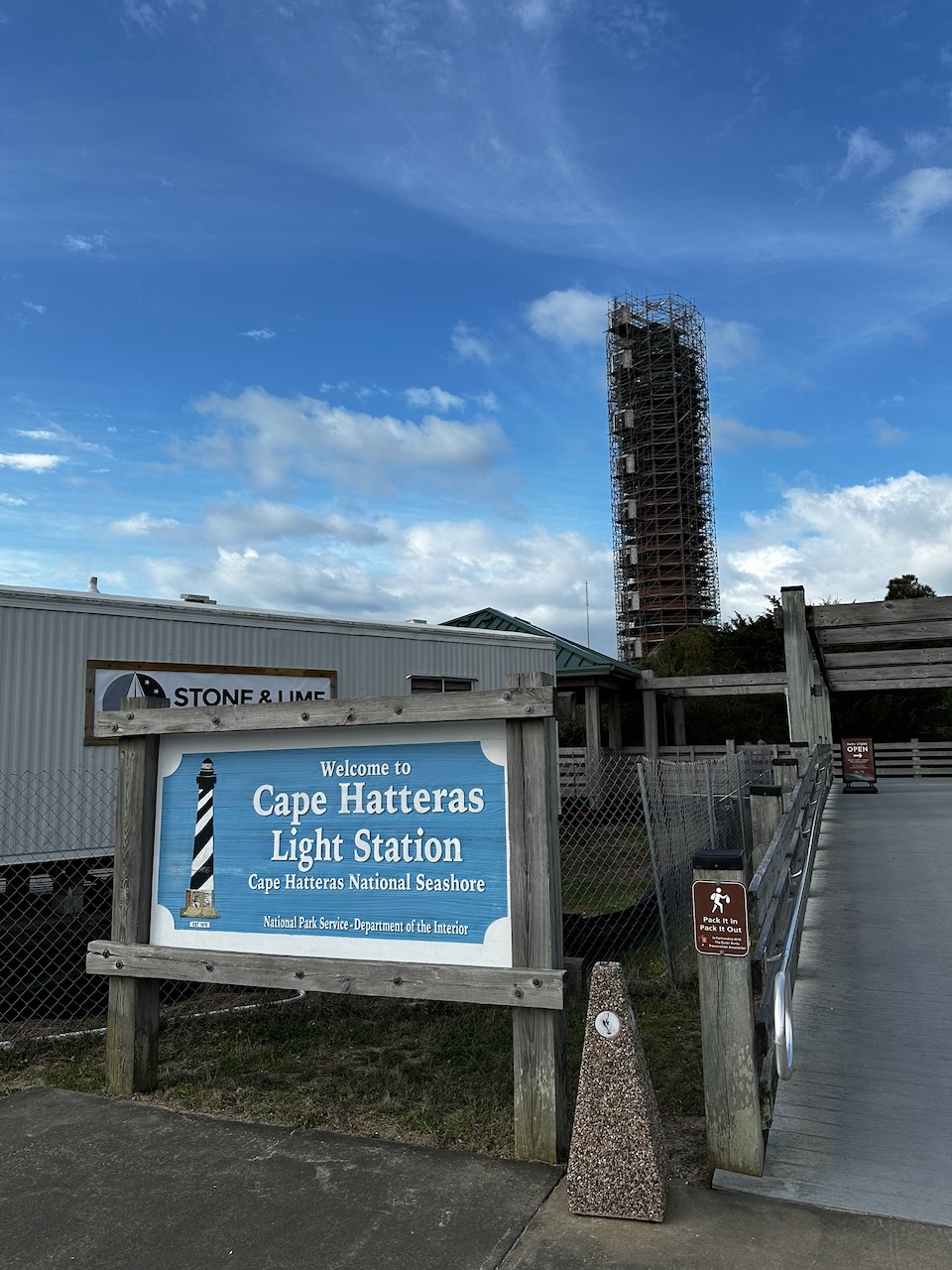 Cape Hatteras Light Station, with the lighthouse covered by scaffolding.