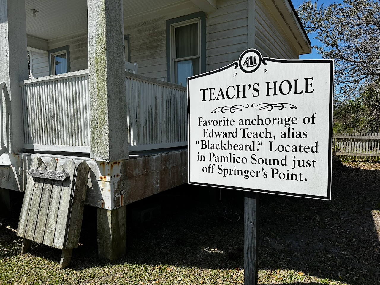 Sign for Teach's Hole beside small shack.