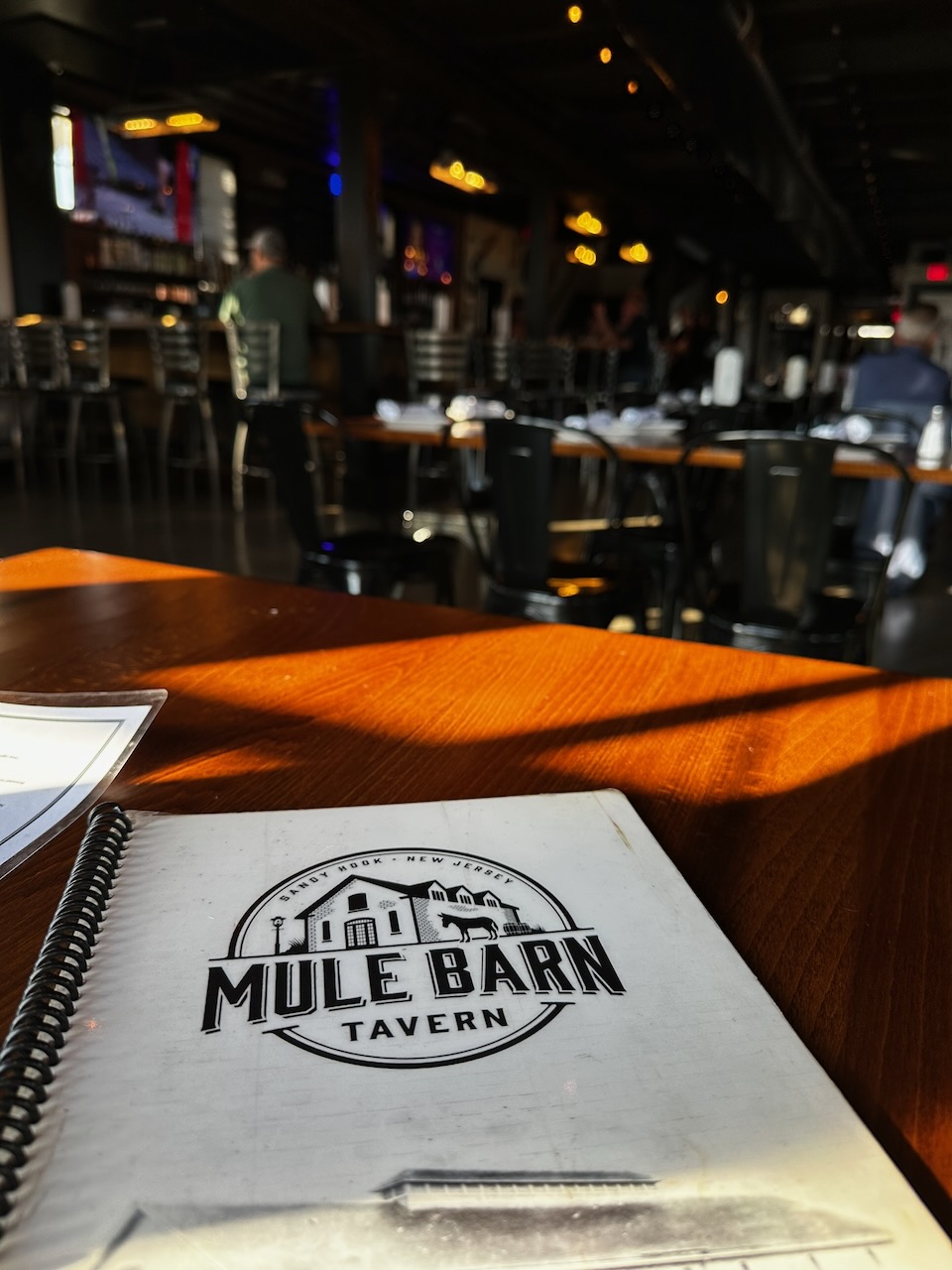 Menu for Mule Barn Tavern on wooden table with bar in background.