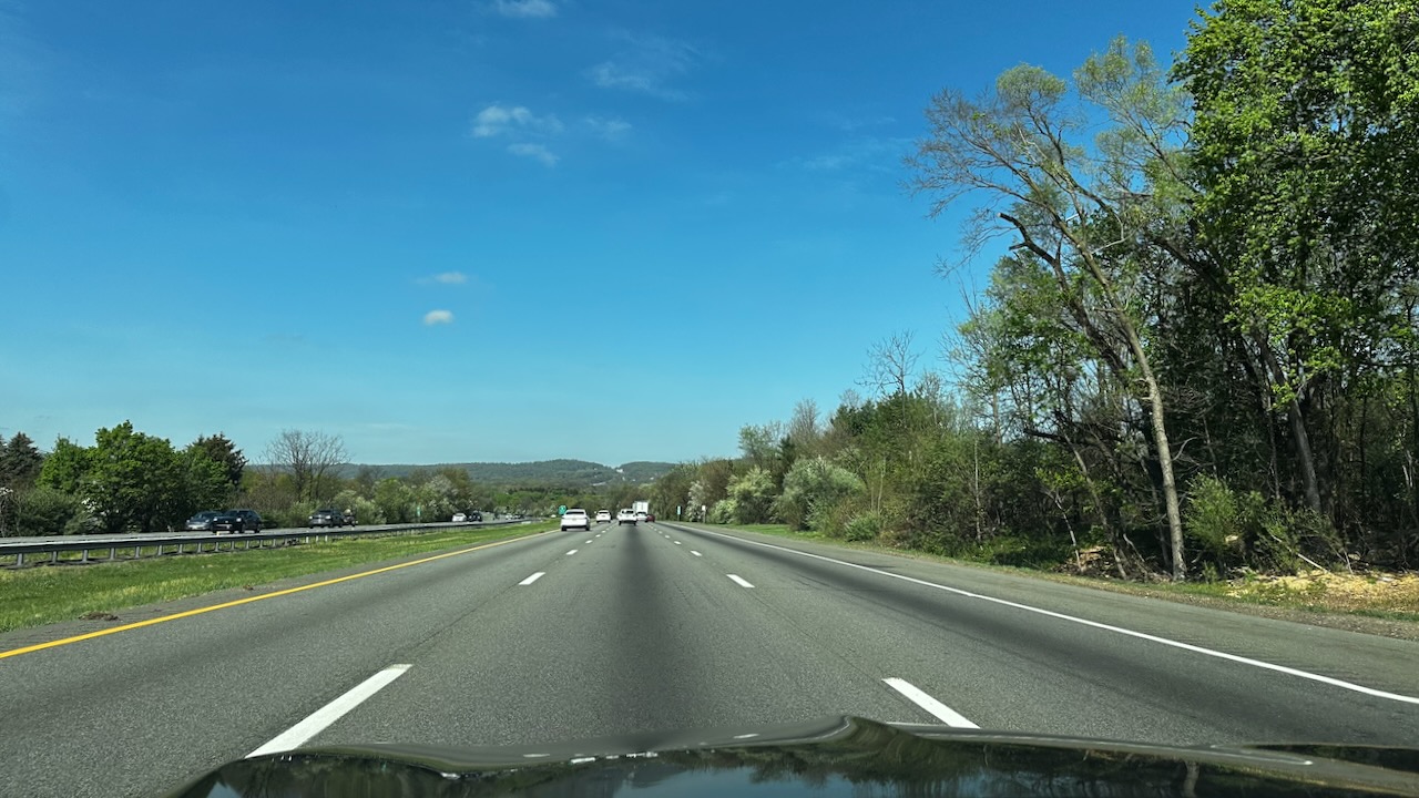 View of I-78 westbound with hills in distance.