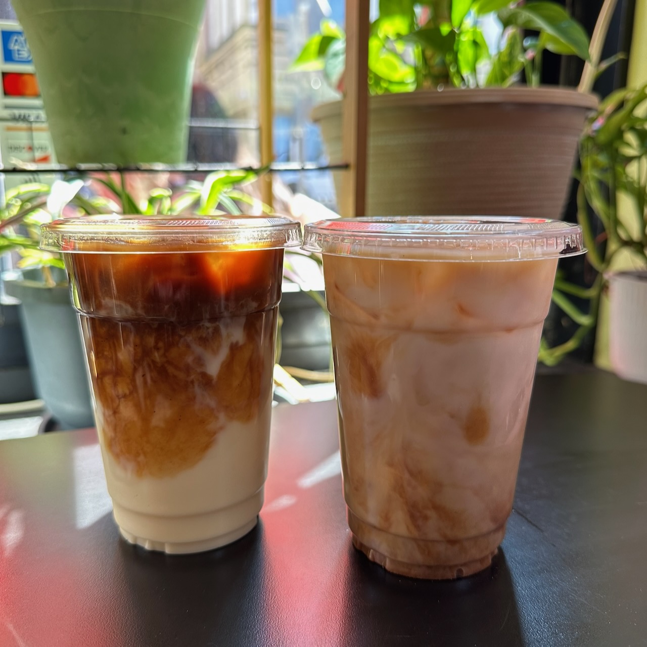 Two iced coffees in plastic cups on table. Plants are in pots in the background.