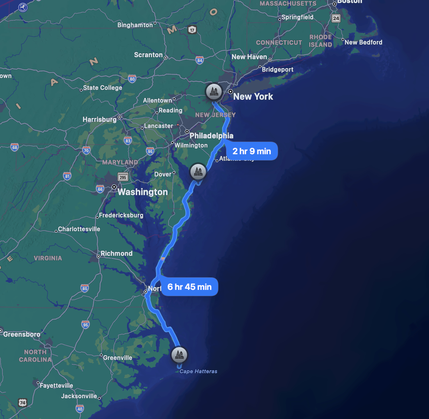 Map of directions from New Jersey to North Carolina, with blue route line running between them.